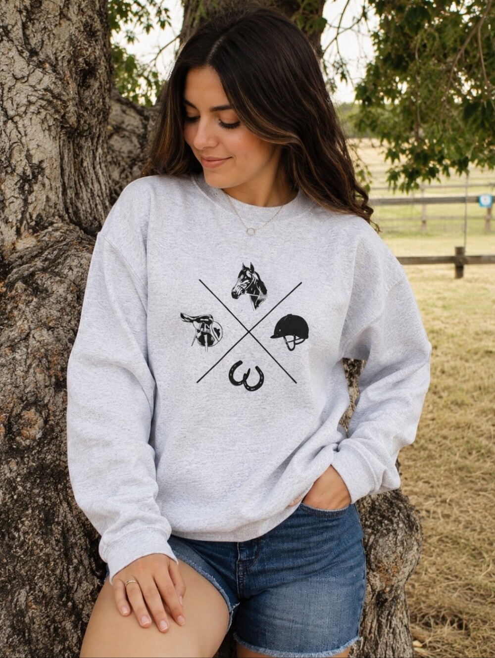 Spiced Equestrian Canadian  Quality Light Gray Equestrian Graphic Sweatshirt XL